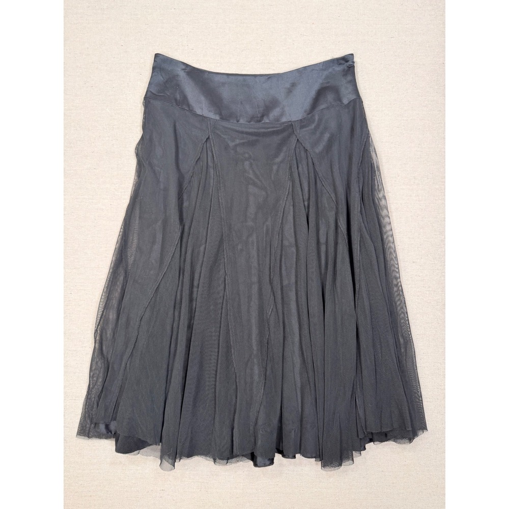 Alberto Makali Black Mesh Overlay Silk Blend Midi Skirt Size 6 Satin Waistband